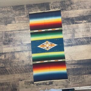 Antique Southwestern Serape Blanket Rug Table Runner Fringe Teal Diamond